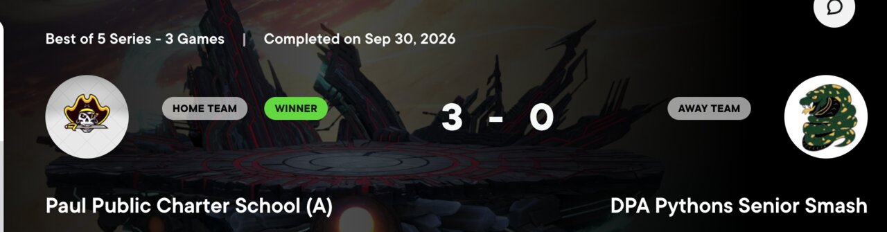 Match result: Paul Public Charter School (A) 3, DPA Pythons Senior Smash 0, completed September 30, 2026, in a best-of-five series.