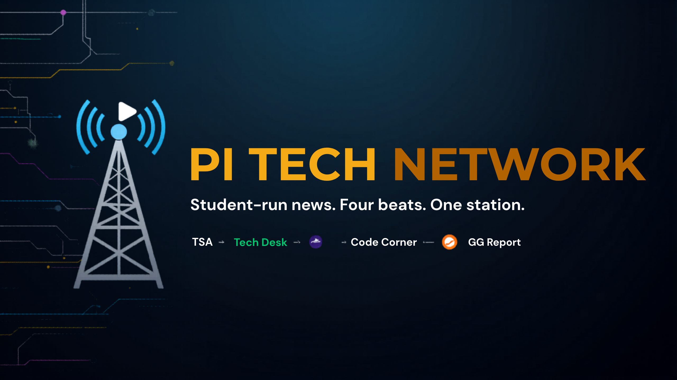 PI Tech Network YouTube channel banner — Student-run news, four beats, one station